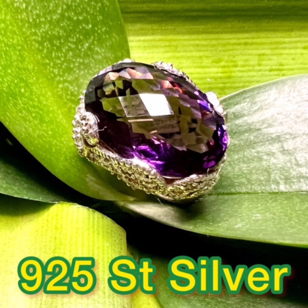 NWT NATURAL CHECKERBOARD AMETHYST 25 Ct 925 STERLING  SILVER RING JUWELRY